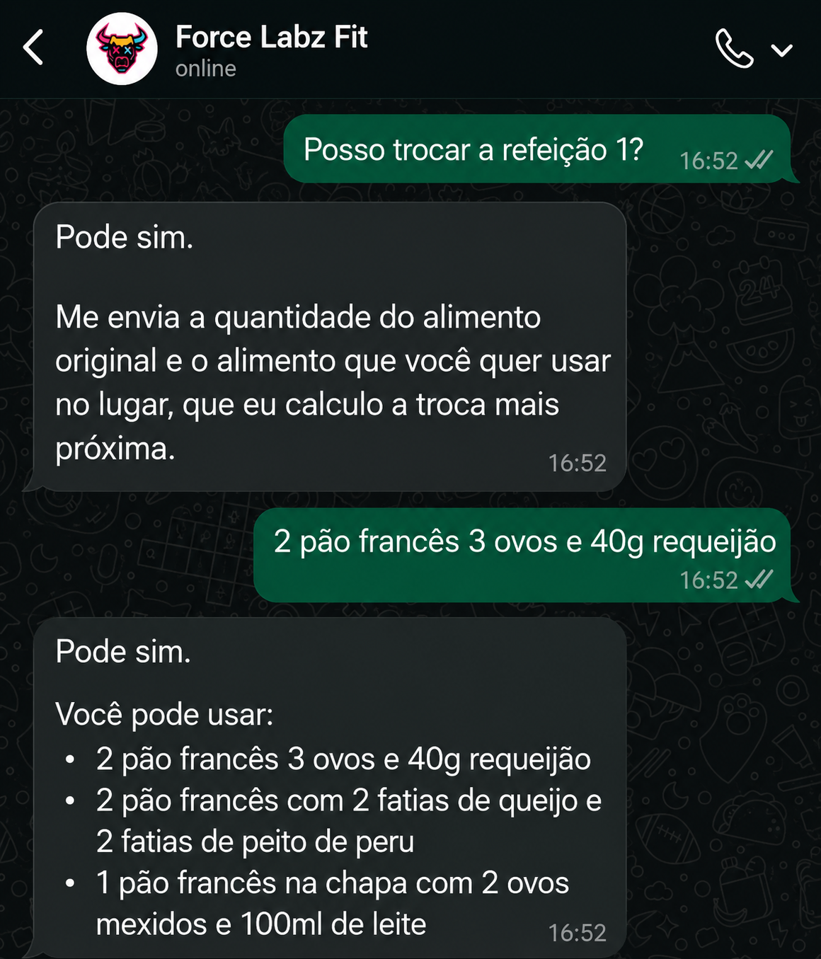 Conversa real no WhatsApp mostrando troca de refeição da dieta Force Labz Fit